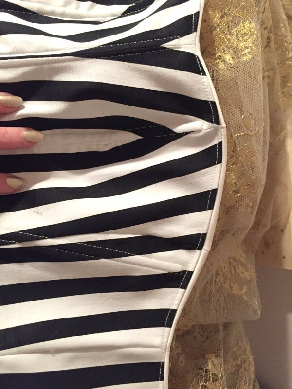 Black and white striped Beetlejuice lining in Kim's gown.